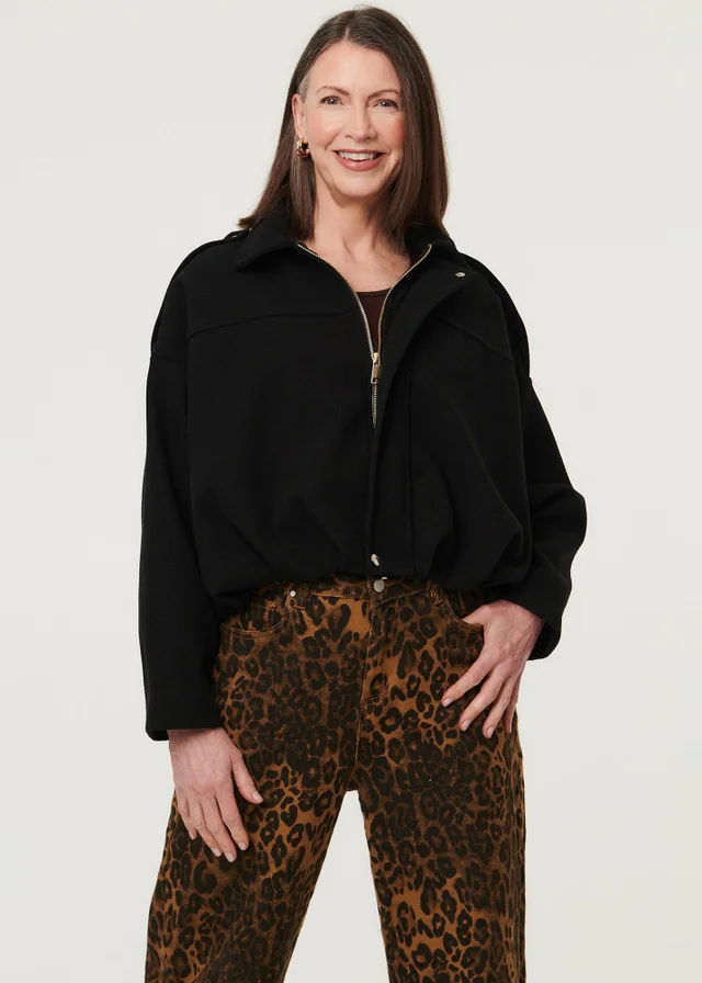 Izabel London Black Faux Suede Ruched Relaxed Bomber Jacket