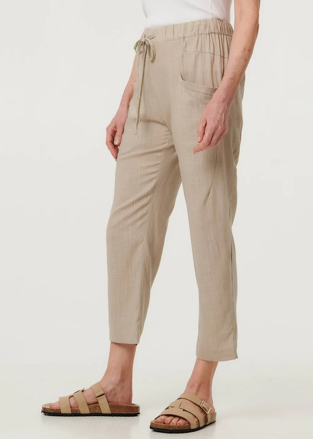 Izabel London Cream Drawstring Tie Front Relaxed Trousers - 12 Image 3