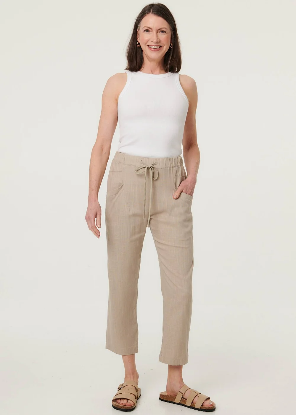 Izabel London Cream Drawstring Tie Front Relaxed Trousers - 12 Image 4