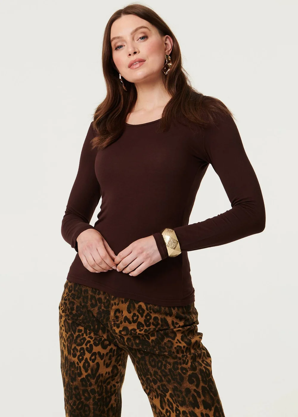 Izabel London Brown Long Sleeve Slim Scoop Neck Top - 12 Image 1