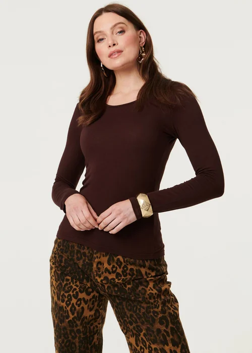 Izabel London Brown Long Sleeve Slim Scoop Neck Top - 12 Image 1
