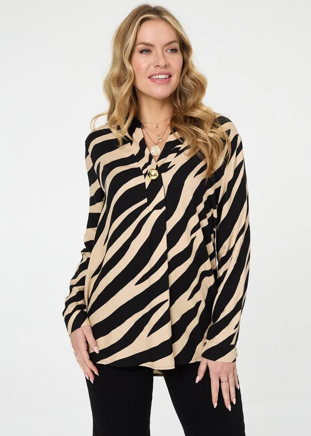 Izabel London Black Zebra Print Long Sleeve Slim Blouse