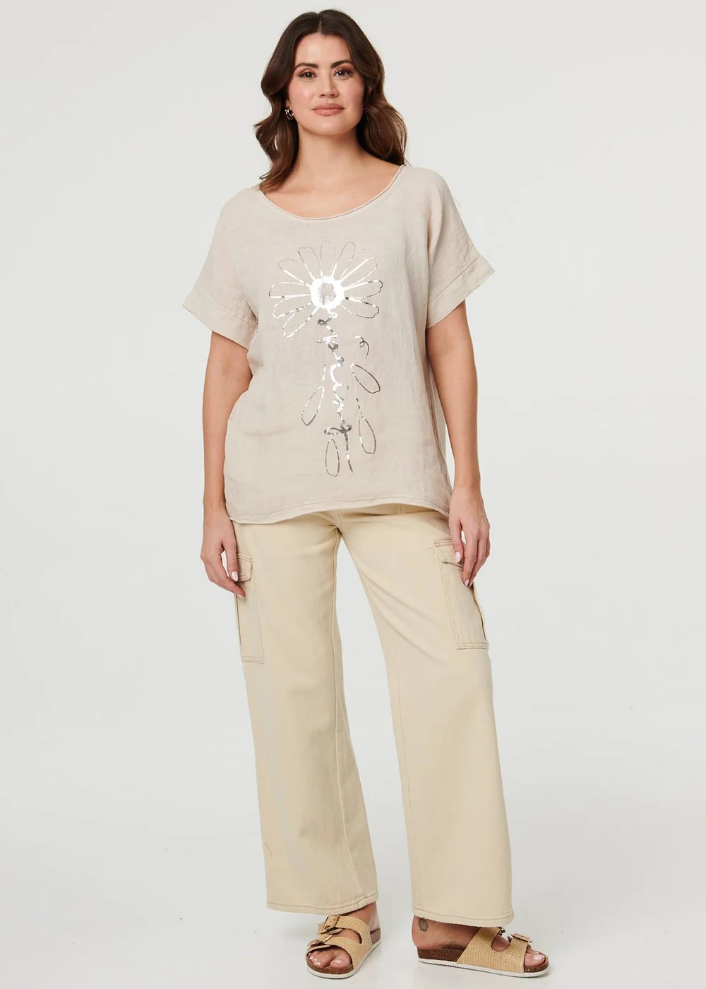 Izabel London Linen Floral Metallic Detail Short Sleeve Top - 16 Image 4
