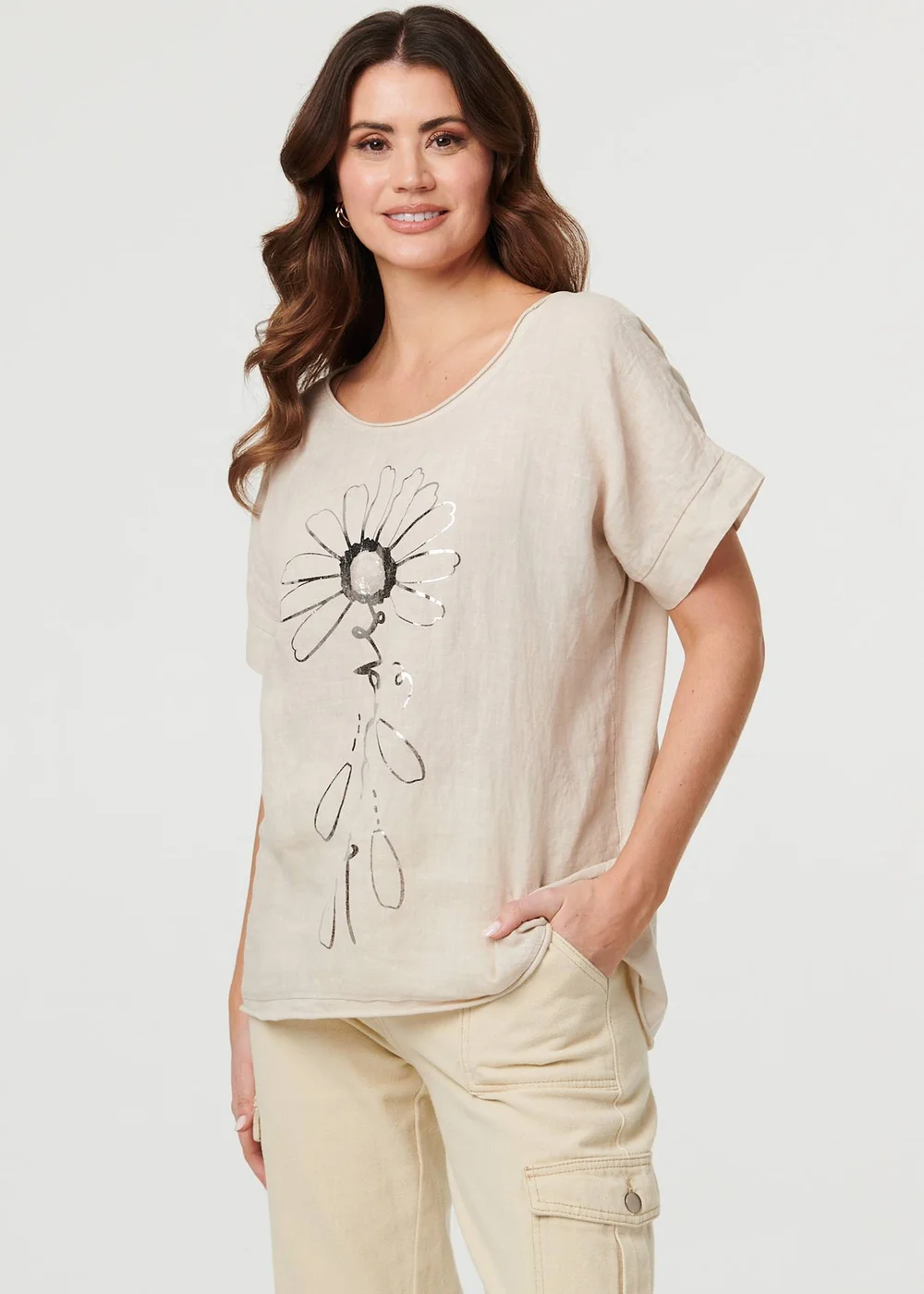Izabel London Linen Floral Metallic Detail Short Sleeve Top - 16 Image 1