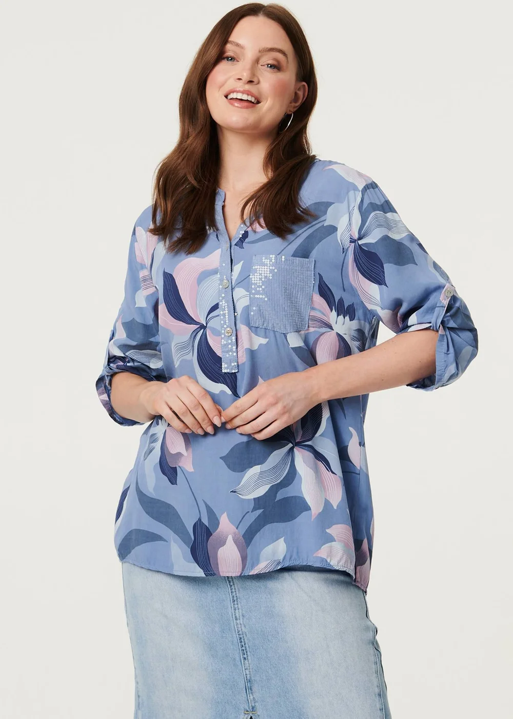 Izabel London Blue Sequin Trim Floral Relaxed Blouse - 8 Image 1