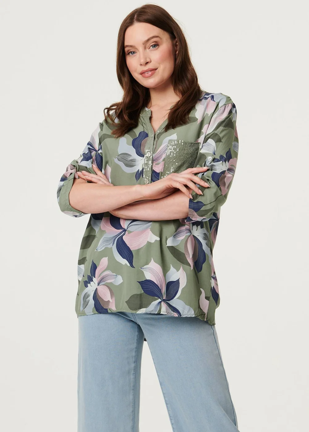 Izabel London Sage Sequin Trim Floral Relaxed Blouse - 10 Image 1