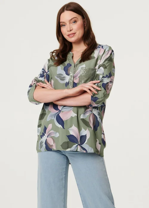 Izabel London Sage Sequin Trim Floral Relaxed Blouse - 10 Image 1