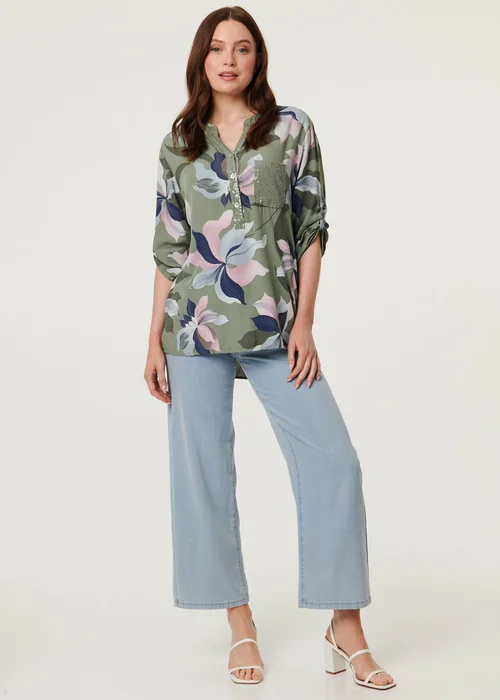 Izabel London Sage Sequin Trim Floral Relaxed Blouse - 10 Image 4