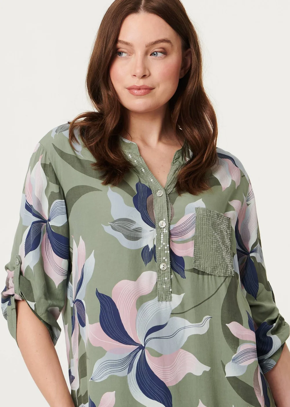 Izabel London Sage Sequin Trim Floral Relaxed Blouse - 10 Image 3
