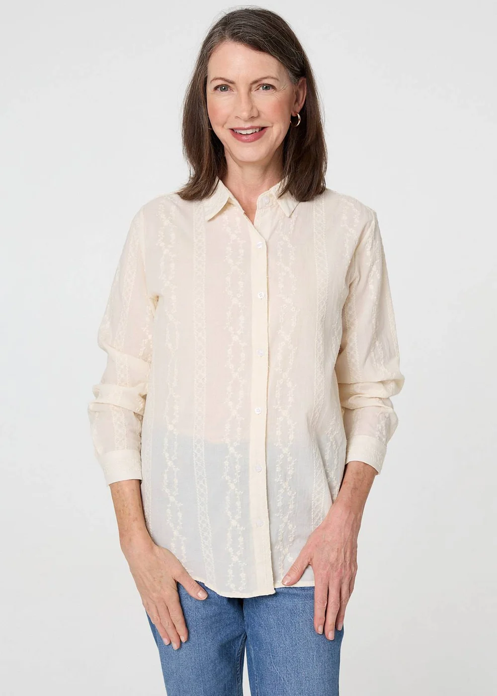 Izabel London White Embroidery Textured Long Sleeve Shirt - 10 Image 1
