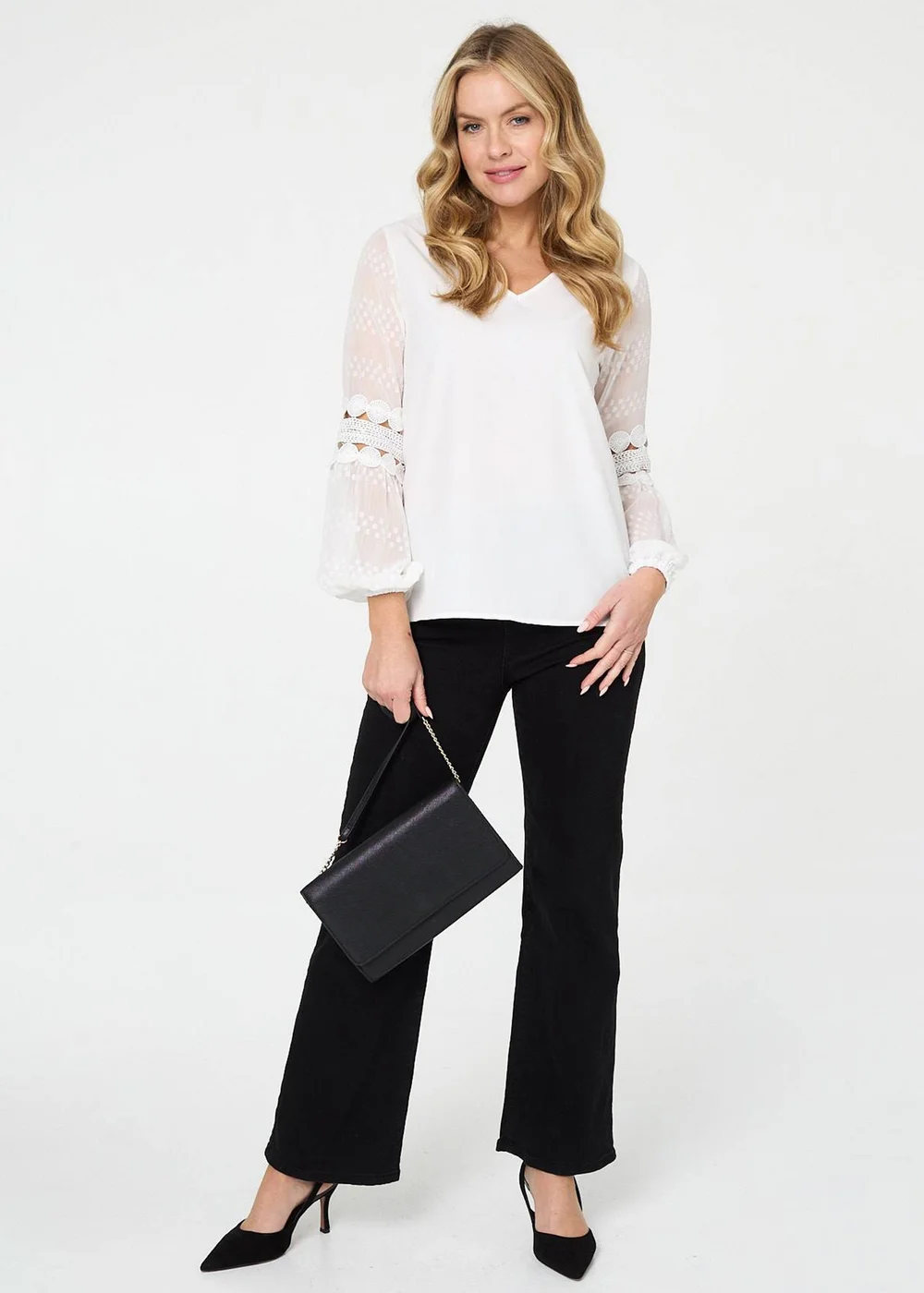 Izabel London Ivory Relaxed Lace Trim Balloon Sleeve Blouse - 12 Image 4