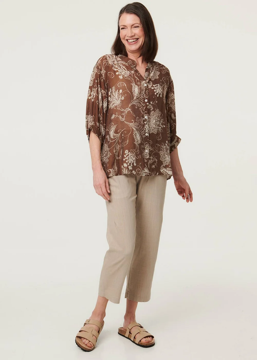 Izabel London Beige Paisley Print 3/4 Sleeve Relaxed Blouse - 16 Image 4