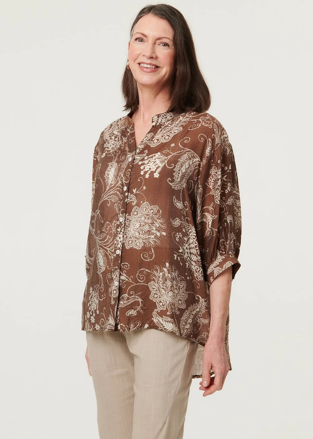 Izabel London Beige Paisley Print 3/4 Sleeve Relaxed Blouse - 16 Image 1