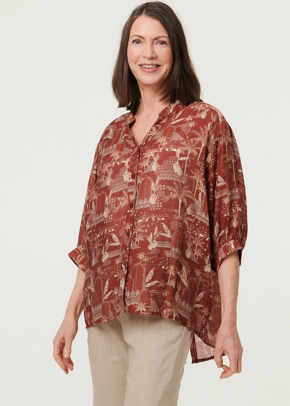 Izabel London Rust Printed 3/4 Sleeve Semi Sheer Blouse - 12 Image 1