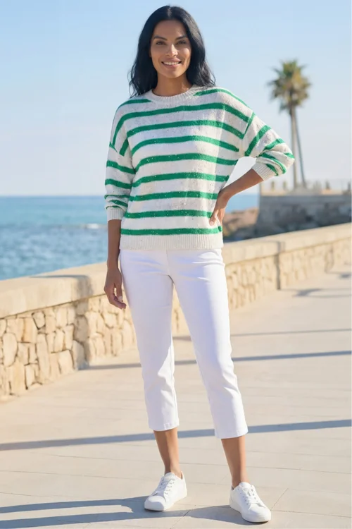 Roman Green Striped Sequin Knit Jumper - 10 Image 1