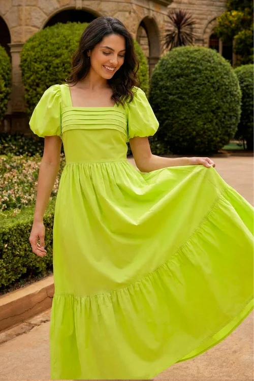 Dusk Lime Pleated Puff Midi Dress - 18 Image 2