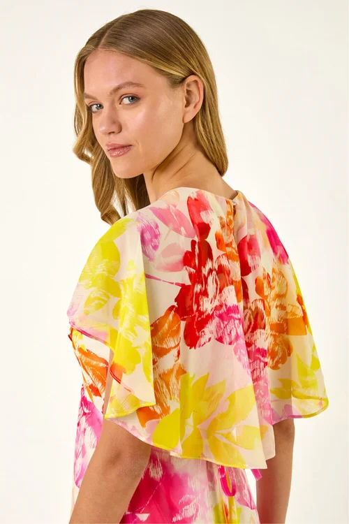 Roman Pink Abstract Printed Cape Dress - 16 Image 4