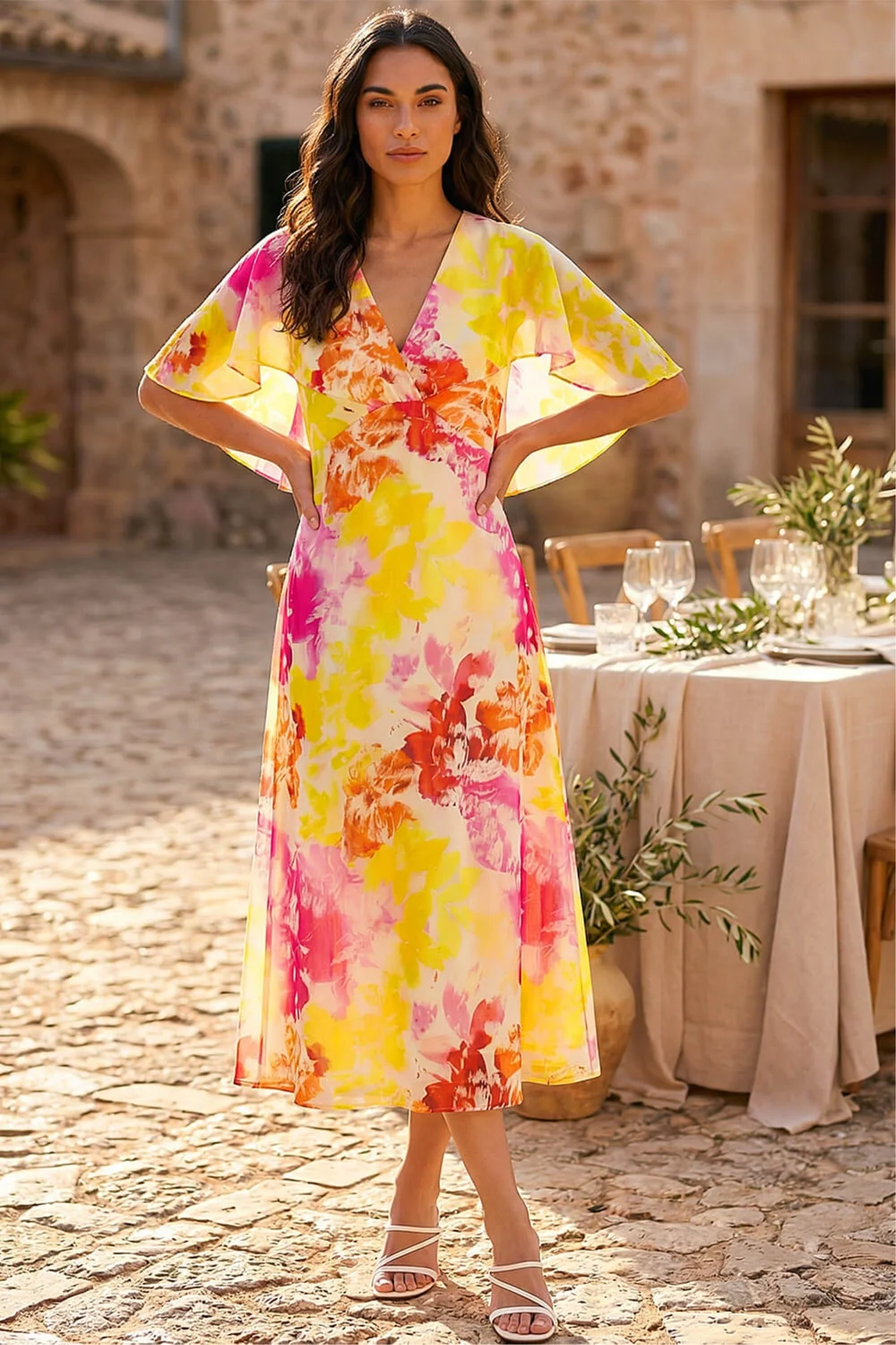 Roman Pink Abstract Printed Cape Dress - 16 Image 1