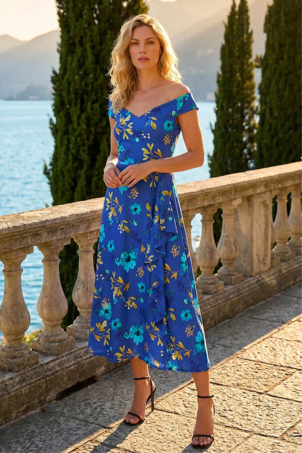 Roman Royal Blue Floral Print Bardot Ruffle Stretch Dress - 12 Image 1