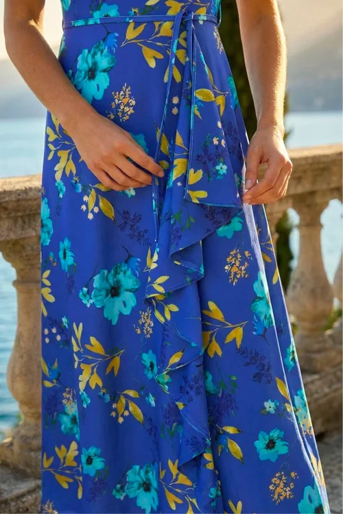 Roman Royal Blue Floral Print Bardot Ruffle Stretch Dress - 12 Image 4