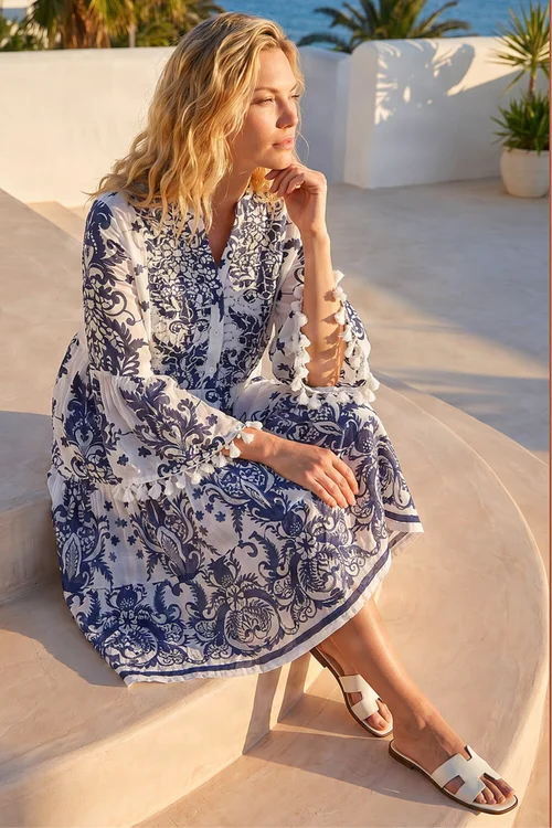 Roman Navy Embroidery Bead Detail Smock Dress - 18 Image 2