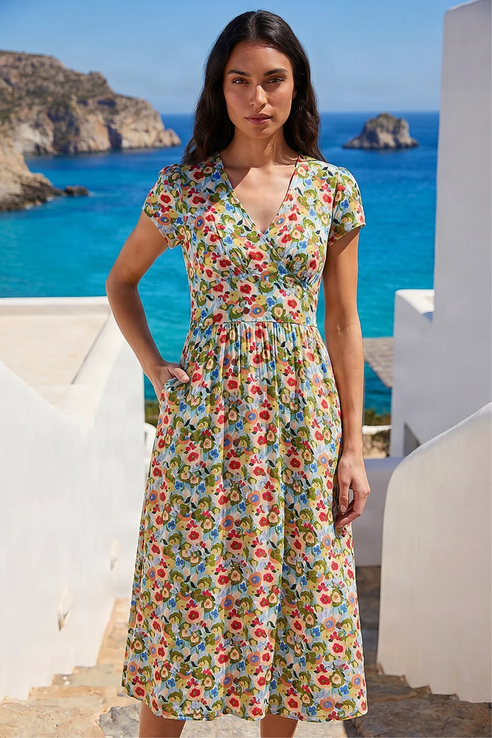 Roman Blue Floral Print Tea Midi Dress - 14 Image 2