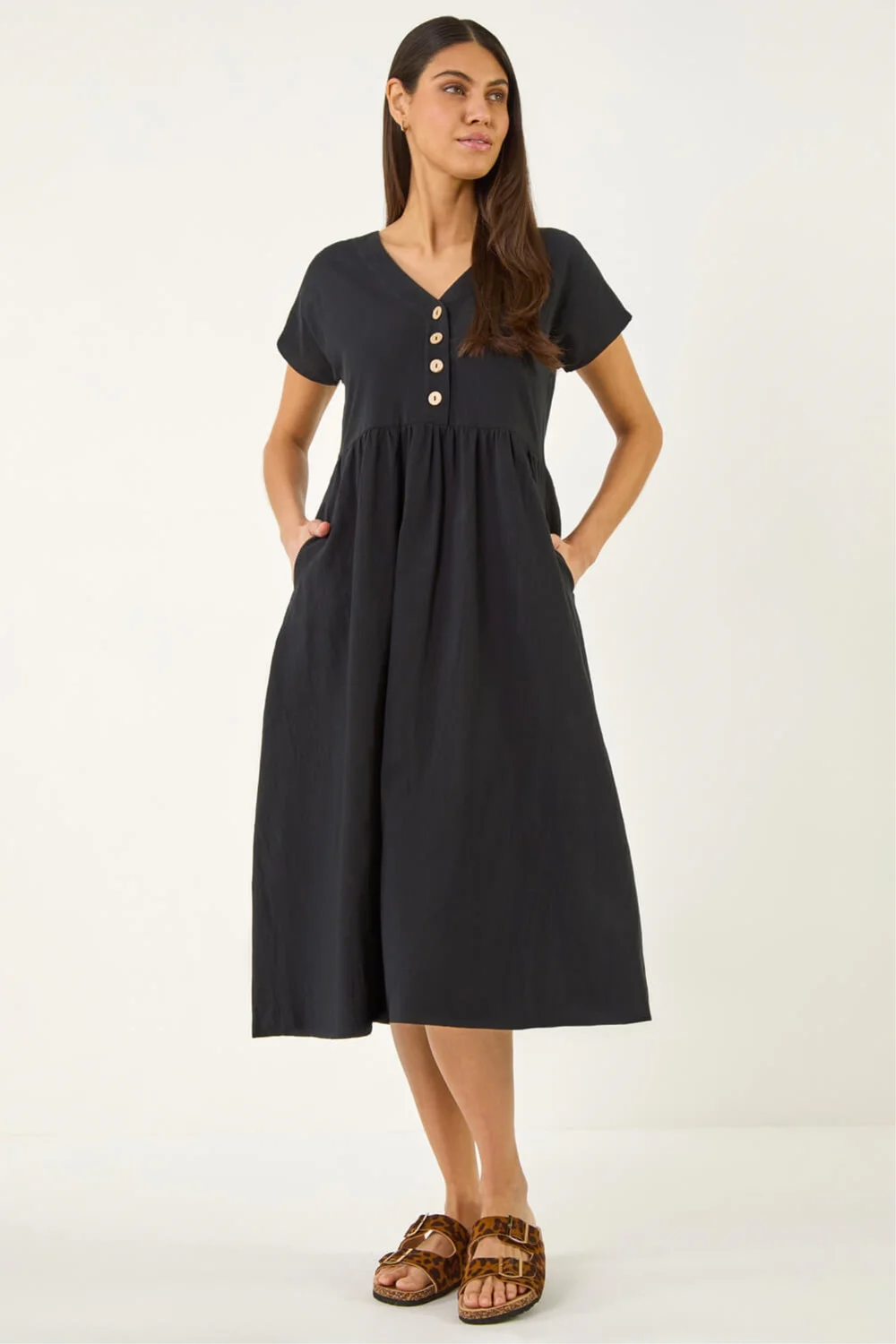 Roman Black Linen Look Button Midi Dress - 14 Image 1