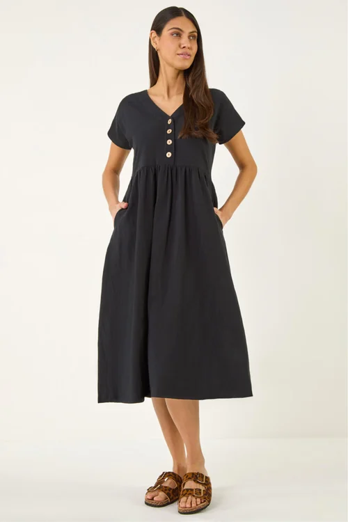Roman Black Linen Look Button Midi Dress - 14 Image 1