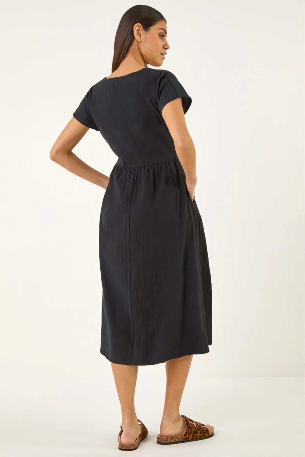 Roman Black Linen Look Button Midi Dress - 14 Image 3