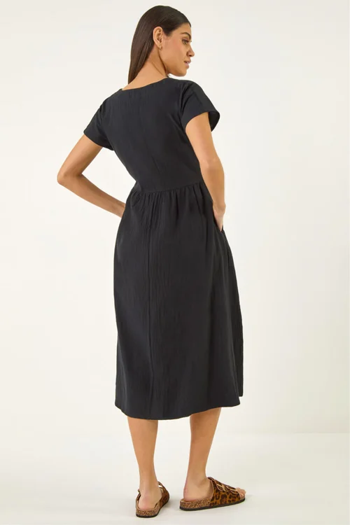 Roman Black Linen Look Button Midi Dress - 14 Image 3