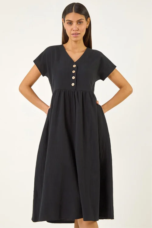Roman Black Linen Look Button Midi Dress - 14 Image 2