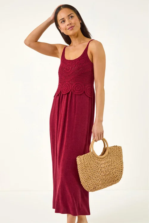Roman Wine Petite Crochet Contrast Midi Dress - 14 Image 2