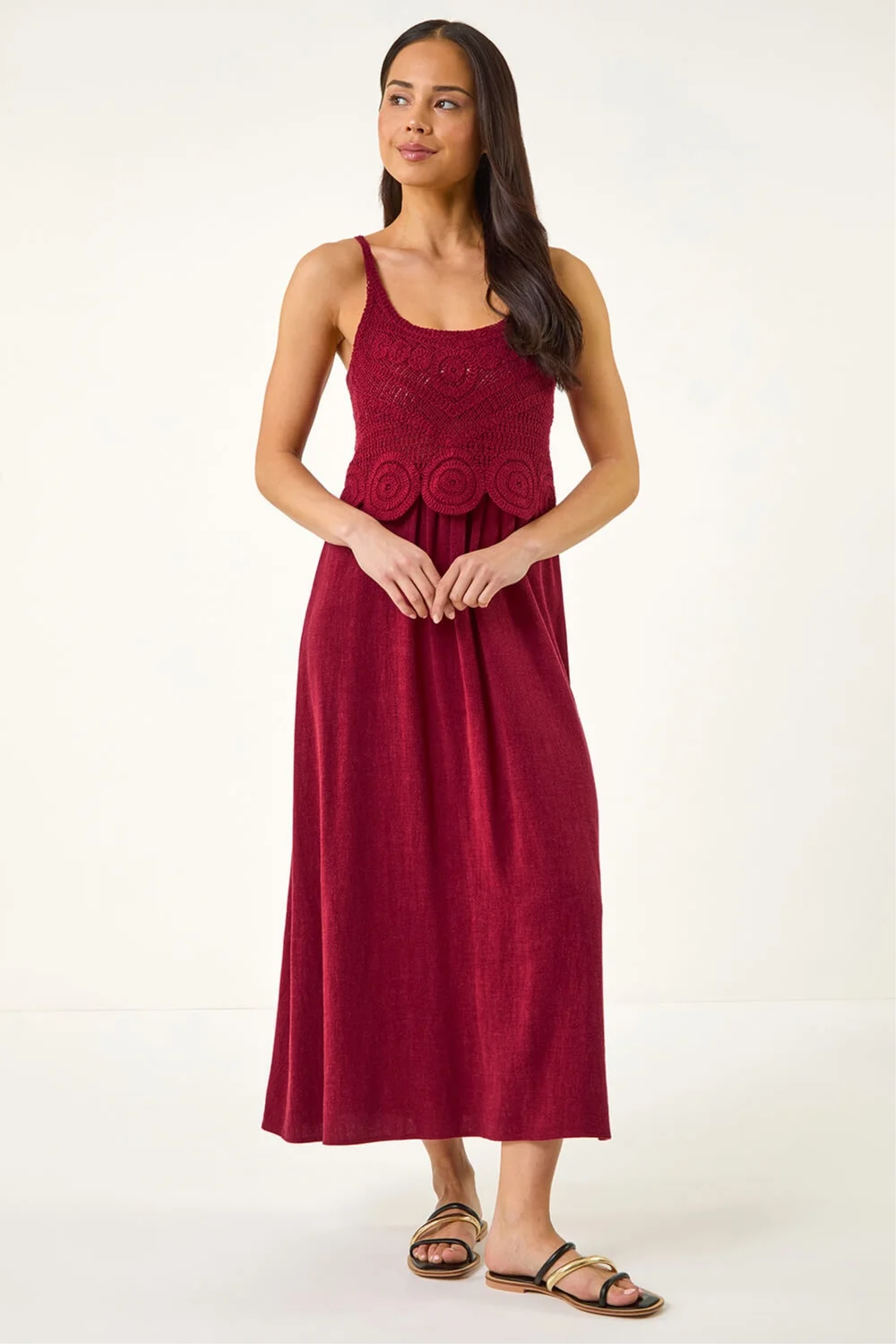 Roman Wine Petite Crochet Contrast Midi Dress - 14 Image 3