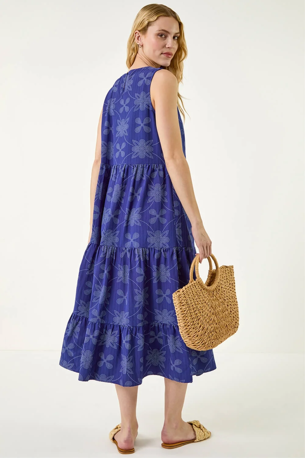 Roman Royal Blue Floral Motif Tiered Midi Dress - 12 Image 3