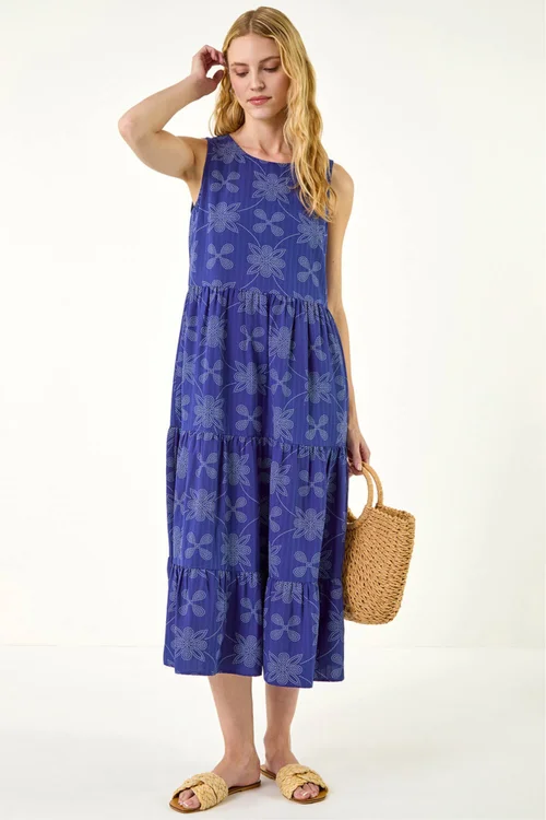 Roman Royal Blue Floral Motif Tiered Midi Dress - 12 Image 2