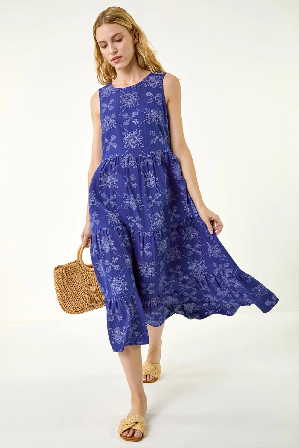 Roman Royal Blue Floral Motif Tiered Midi Dress - 12 Image 1
