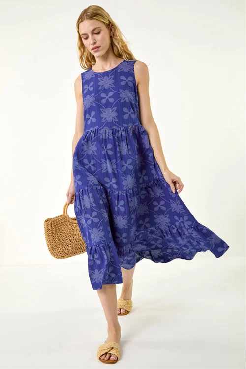 Roman Royal Blue Floral Motif Tiered Midi Dress - 12 Image 1