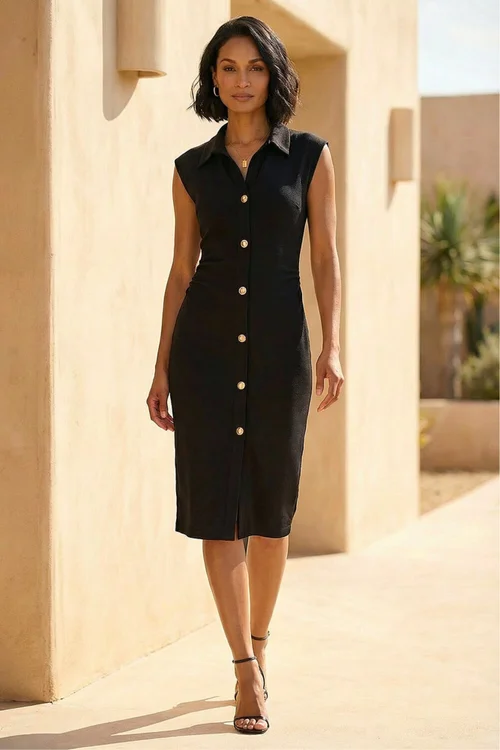 black ribbed midi dress with buttons Black Bodycon Midi Dress - Ribbed Dress - Button-Front Dress