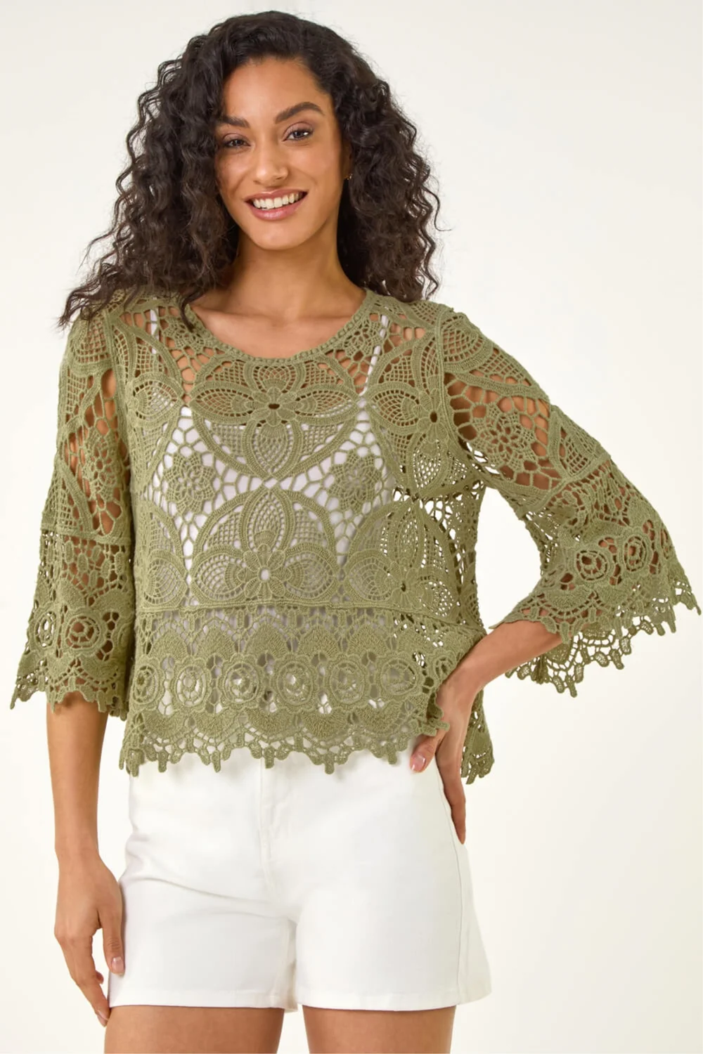Dusk Khaki Floral Crochet Top - S Image 4