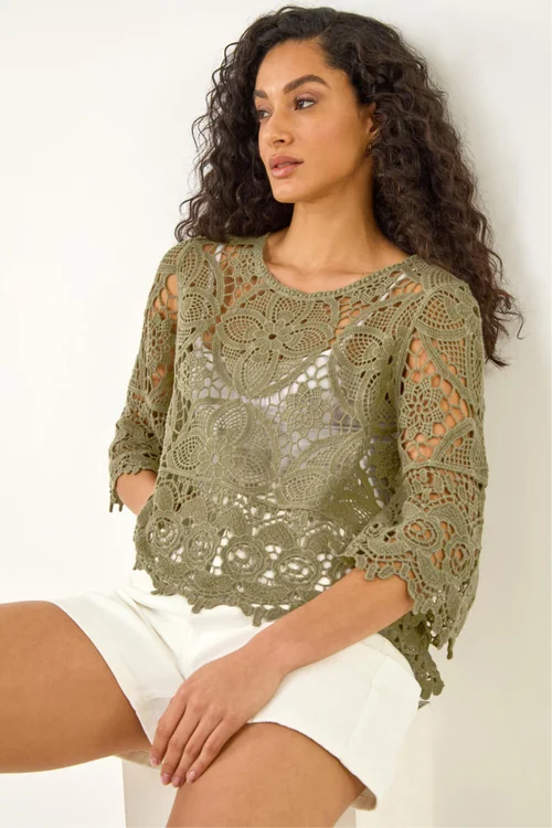 Dusk Khaki Floral Crochet Top - S Image 1