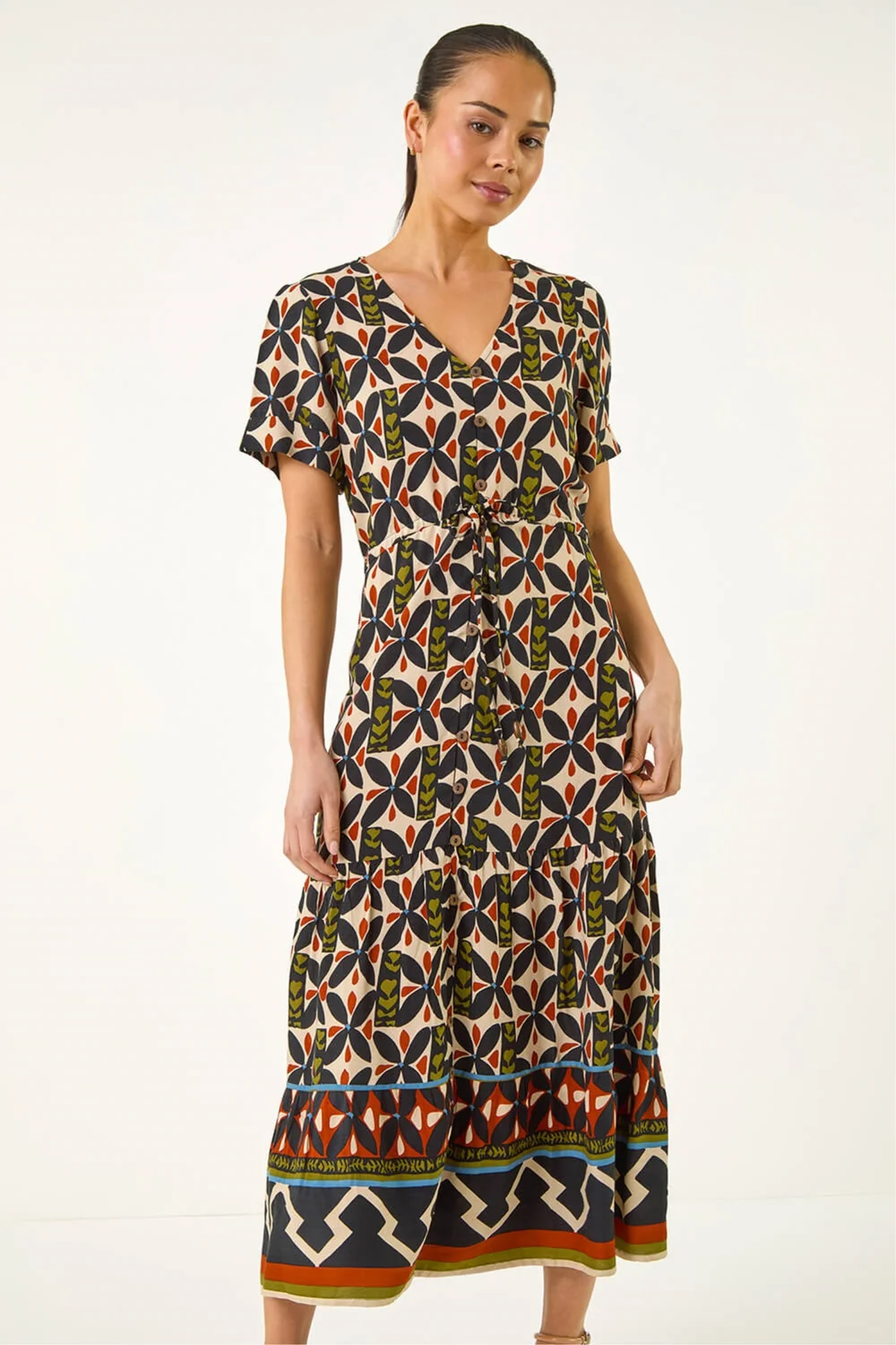 Roman Black Petite Abstract Print V-Neck Midi Dress - 12 Image 3