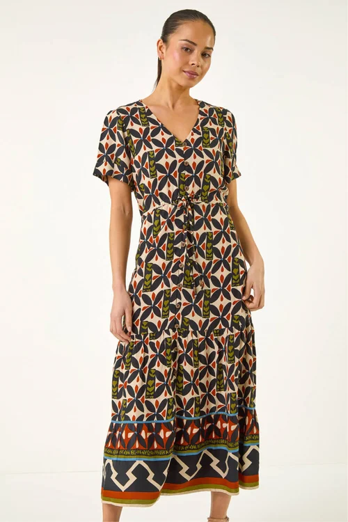 Roman Black Petite Abstract Print V-Neck Midi Dress - 12 Image 3
