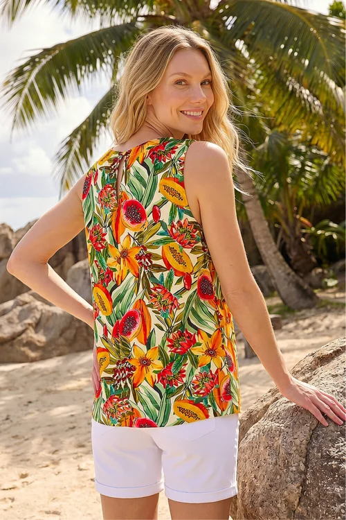 Roman Green Floral Fruit Print Shell Top - 16 Image 3