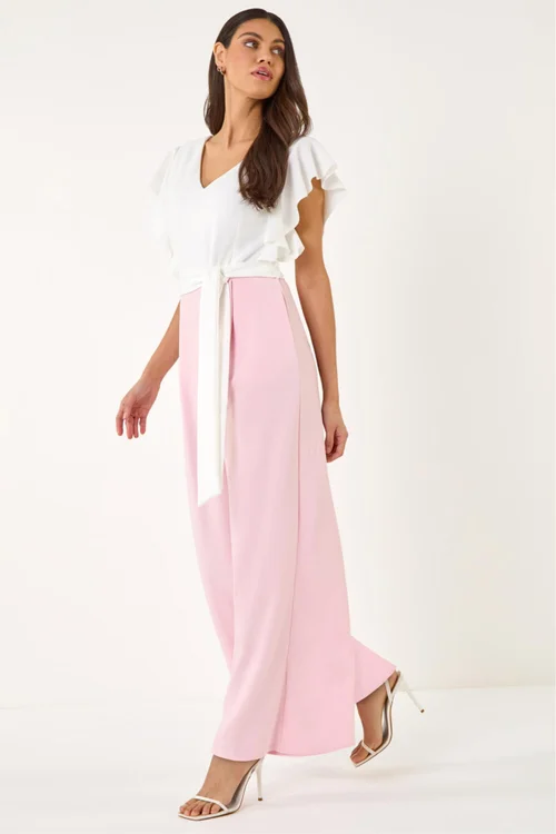 Roman Light Pink Colour Block V-Neck Stretch Jumpsuit - 12 Image 1