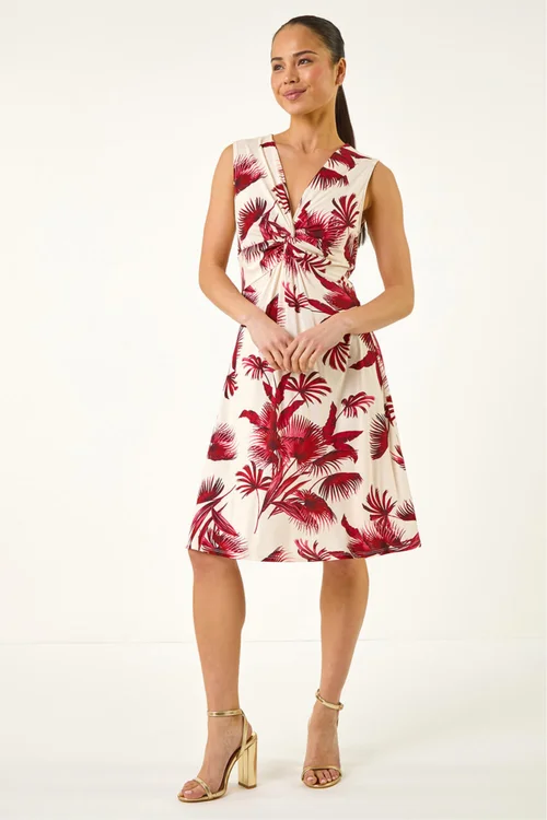 Roman Wine Petite Tropical Print Twist Front Dress - 16 Image 1