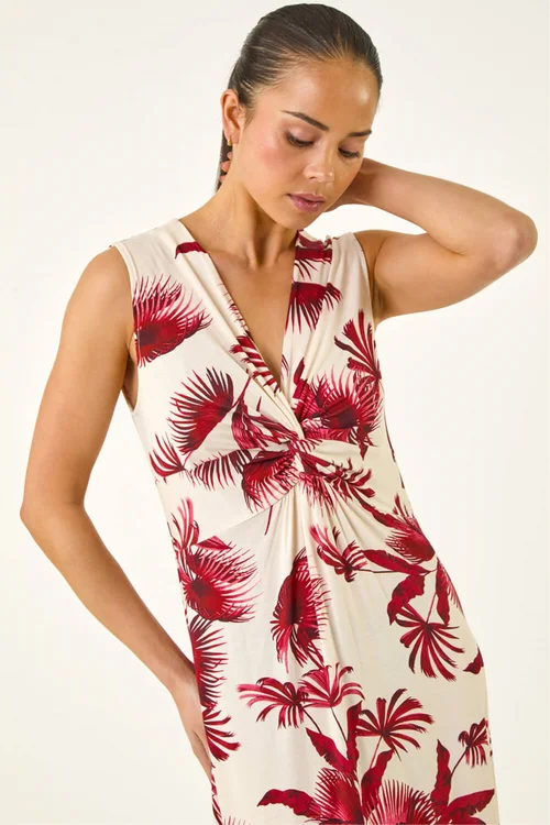 Roman Wine Petite Tropical Print Twist Front Dress - 16 Image 4