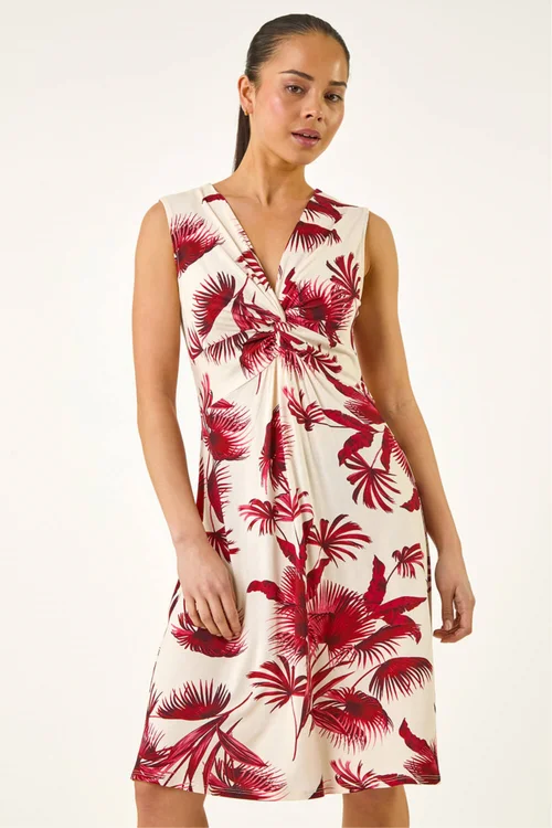 Roman Wine Petite Tropical Print Twist Front Dress - 16 Image 2