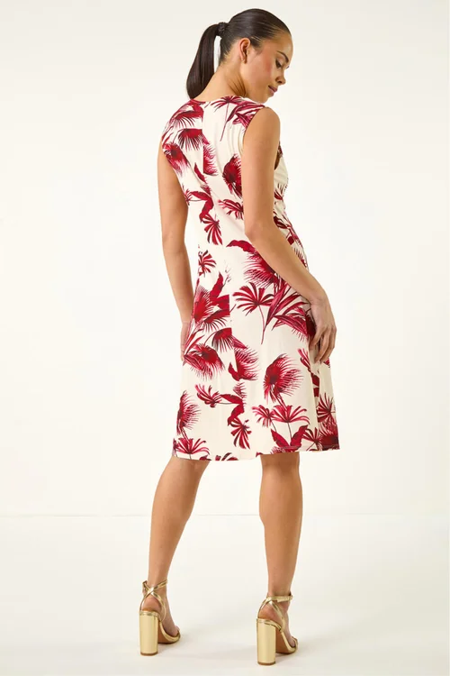 Roman Wine Petite Tropical Print Twist Front Dress - 16 Image 3