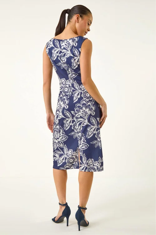 Roman Navy Petite Floral Side Tie Midi Dress - 14 Image 3