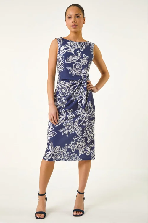 Roman Navy Petite Floral Side Tie Midi Dress - 14 Image 2